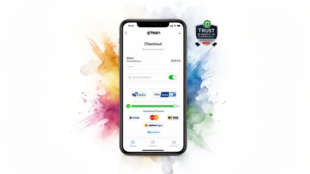 A smartphone displaying a checkout screen with various payment options against a vibrant watercolor background.