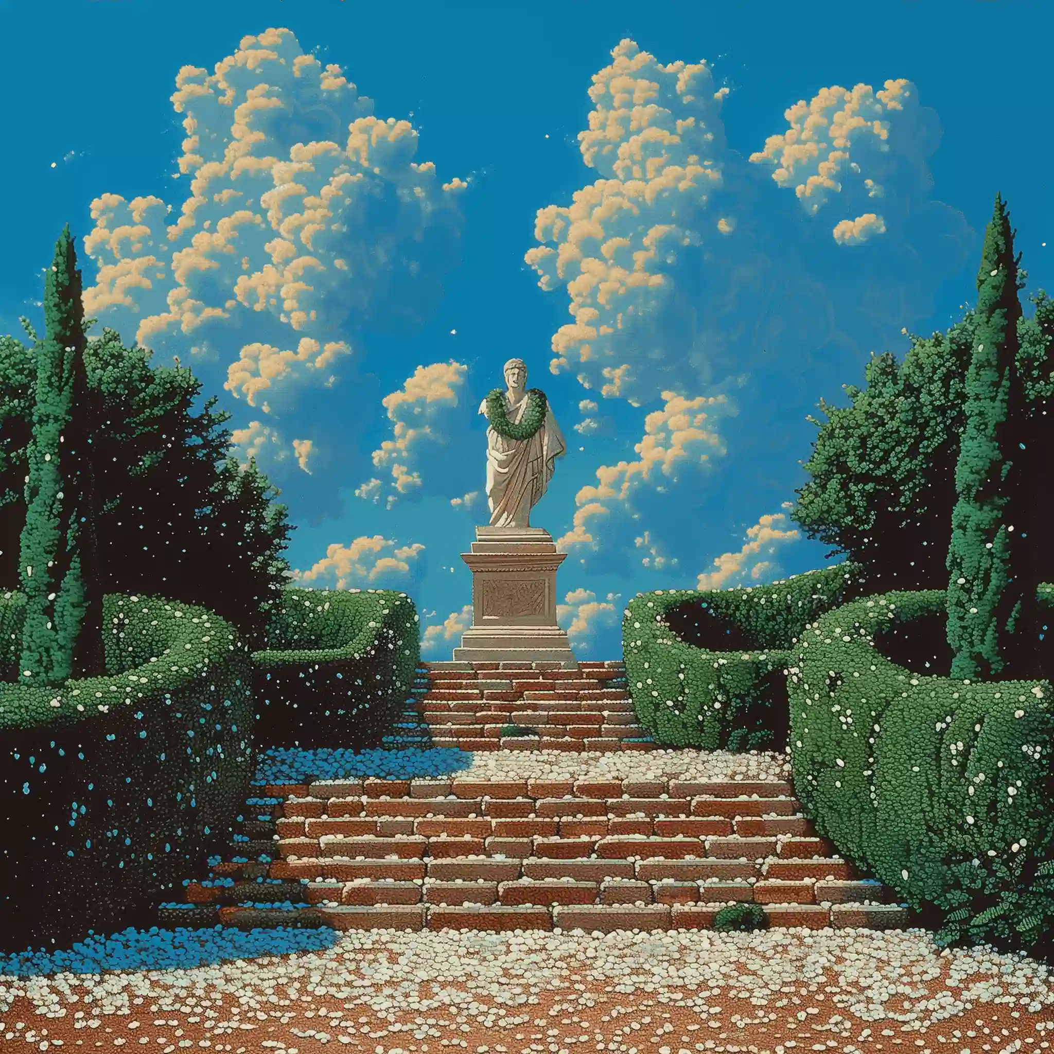 Illustration en pixel art d'une statue classique couronnée de laurier au sommet d'un escalier en pierre, entourée de haies sculptées sous un ciel bleu parsemé de gros nuages blancs.