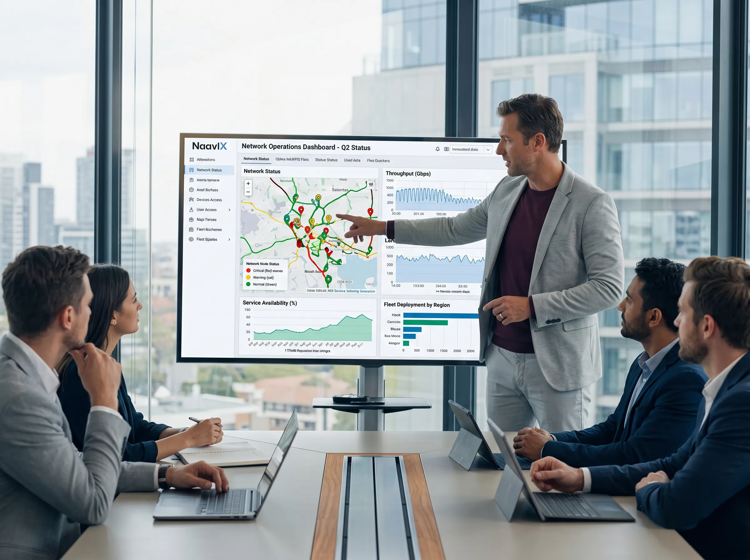 A man presents data on a screen to a group of colleagues in a modern office setting.