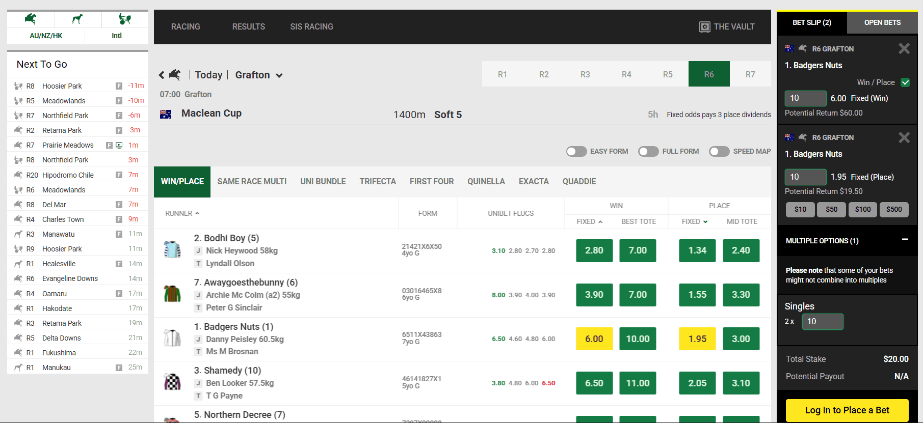 Bet slip with separate Win and Place stake fields filled in, and the combined total stake shown