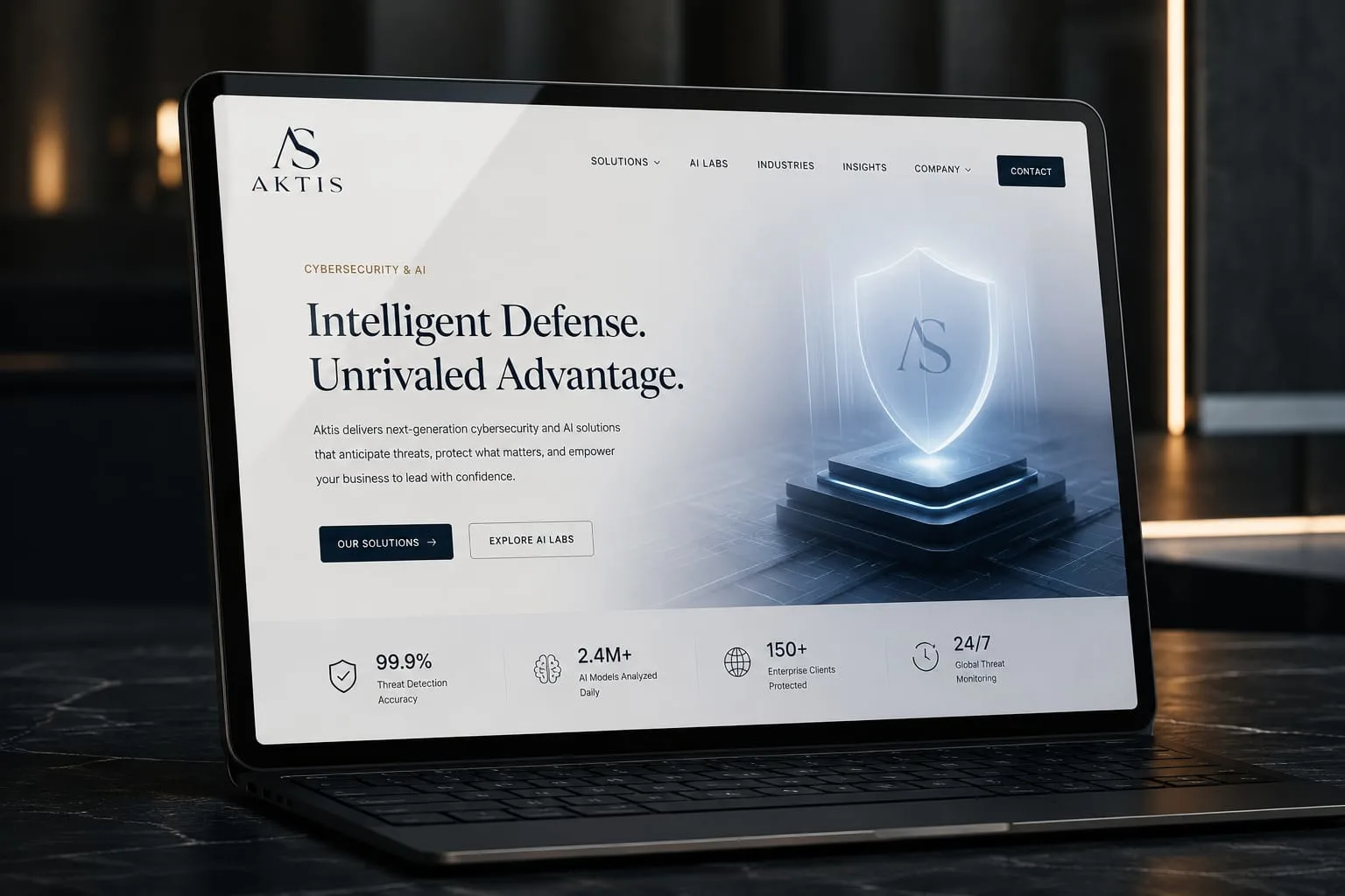 Laptop mockup showing the Aktis cybersecurity website with a light interface and shield graphic.