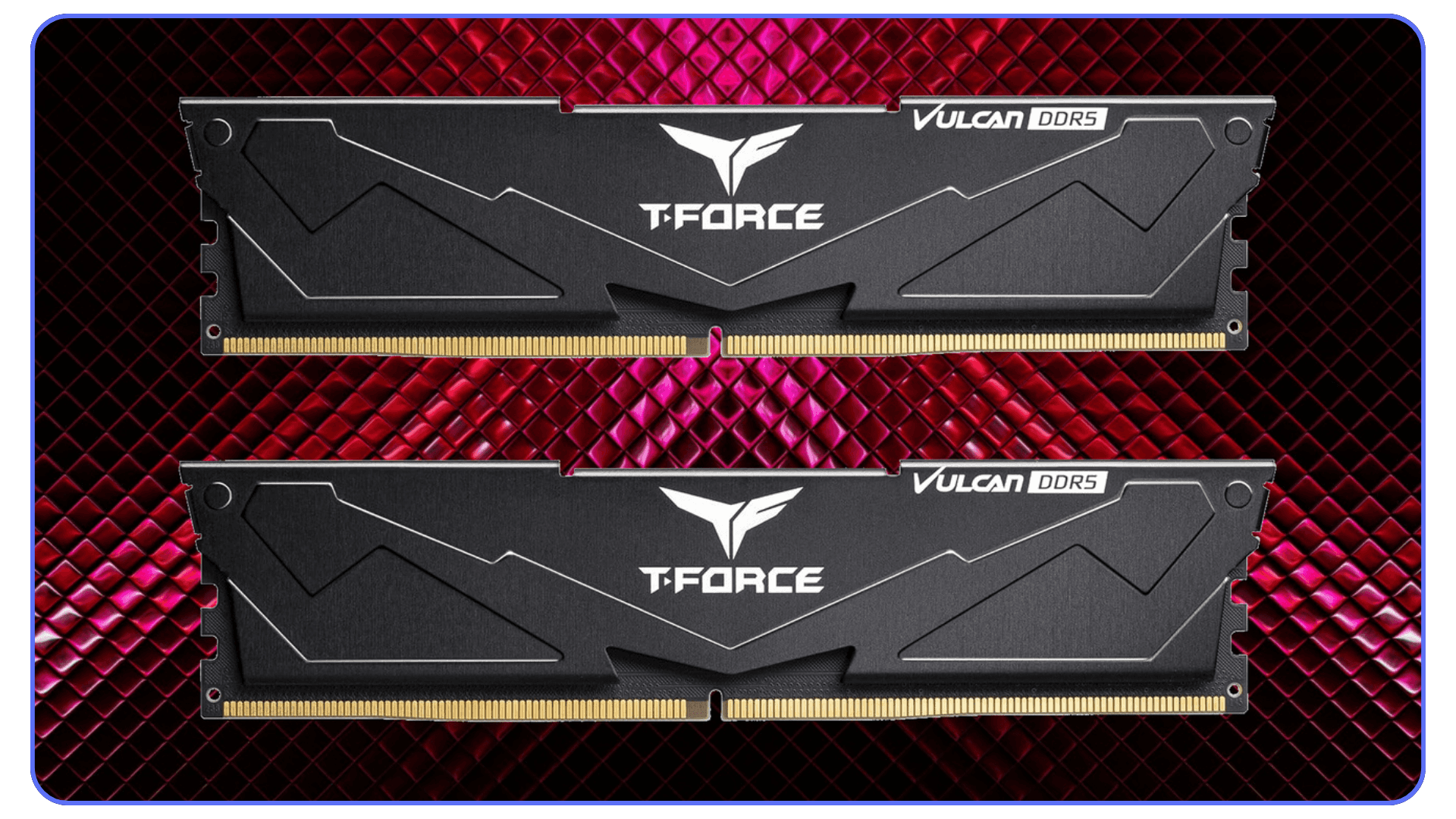 Two T-Force Vulcan DDR5 RAM modules placed on a red and purple geometric background.