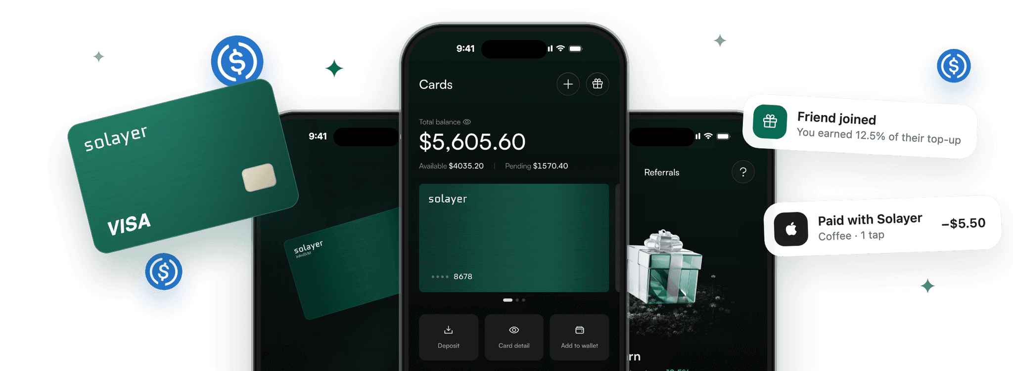 Solayer Pay app on three iPhones with the Solayer Visa card