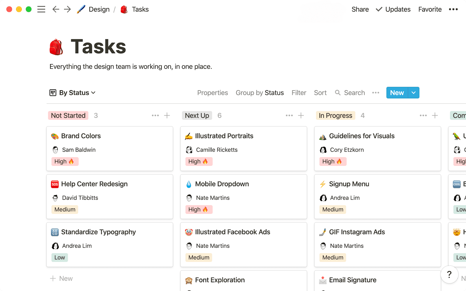 Notion's task board with tasks categorized into "Not Started," "Next Up," and "In Progress."
