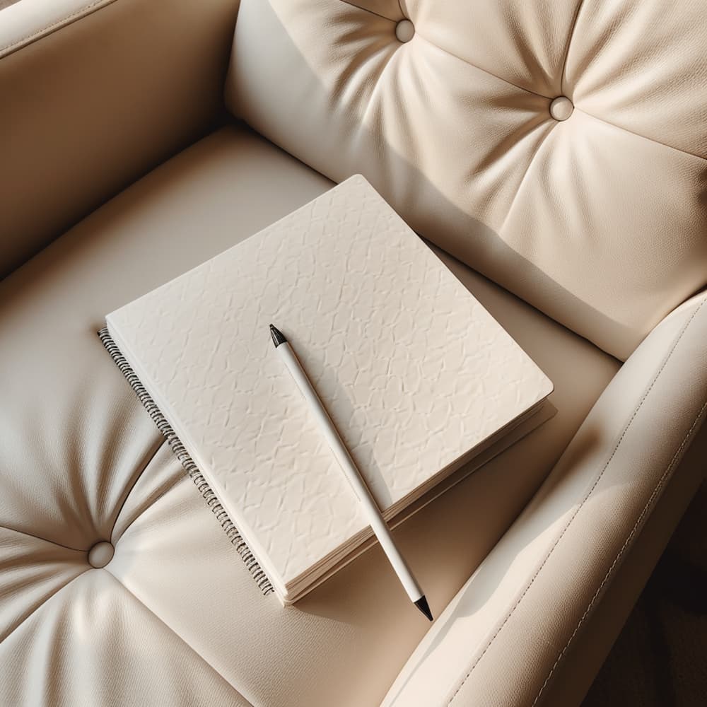 Background image of a sofa pen and paper
