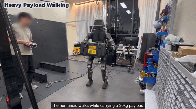 The humanoid walks while carrying 30 kg of equipment. Lifting a load and walking with it on your back place different demands on the actuator.