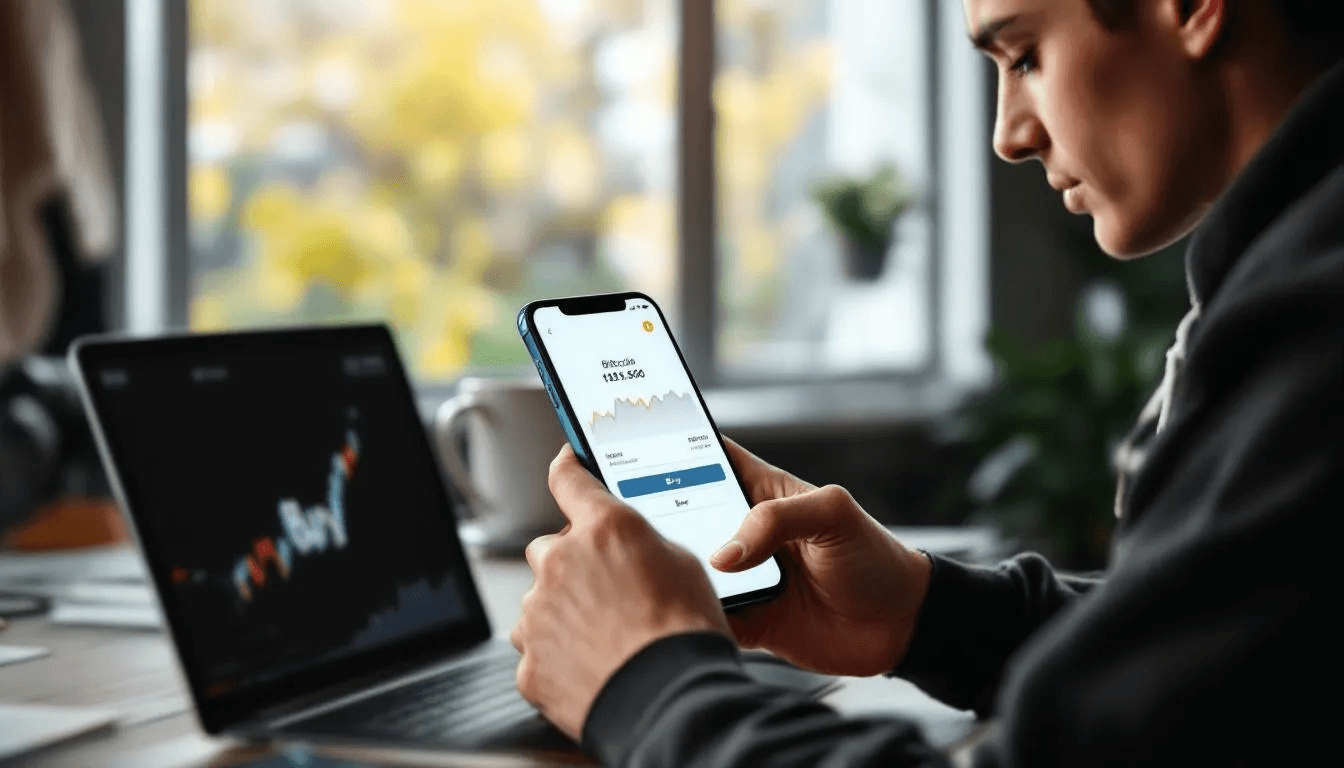 A person is holding a smartphone and using a cryptocurrency exchange app to buy Bitcoin, showcasing the process of purchasing digital currency through a secure platform. The screen displays options for bitcoin transactions, highlighting the ease of investing in crypto assets directly from a mobile device.