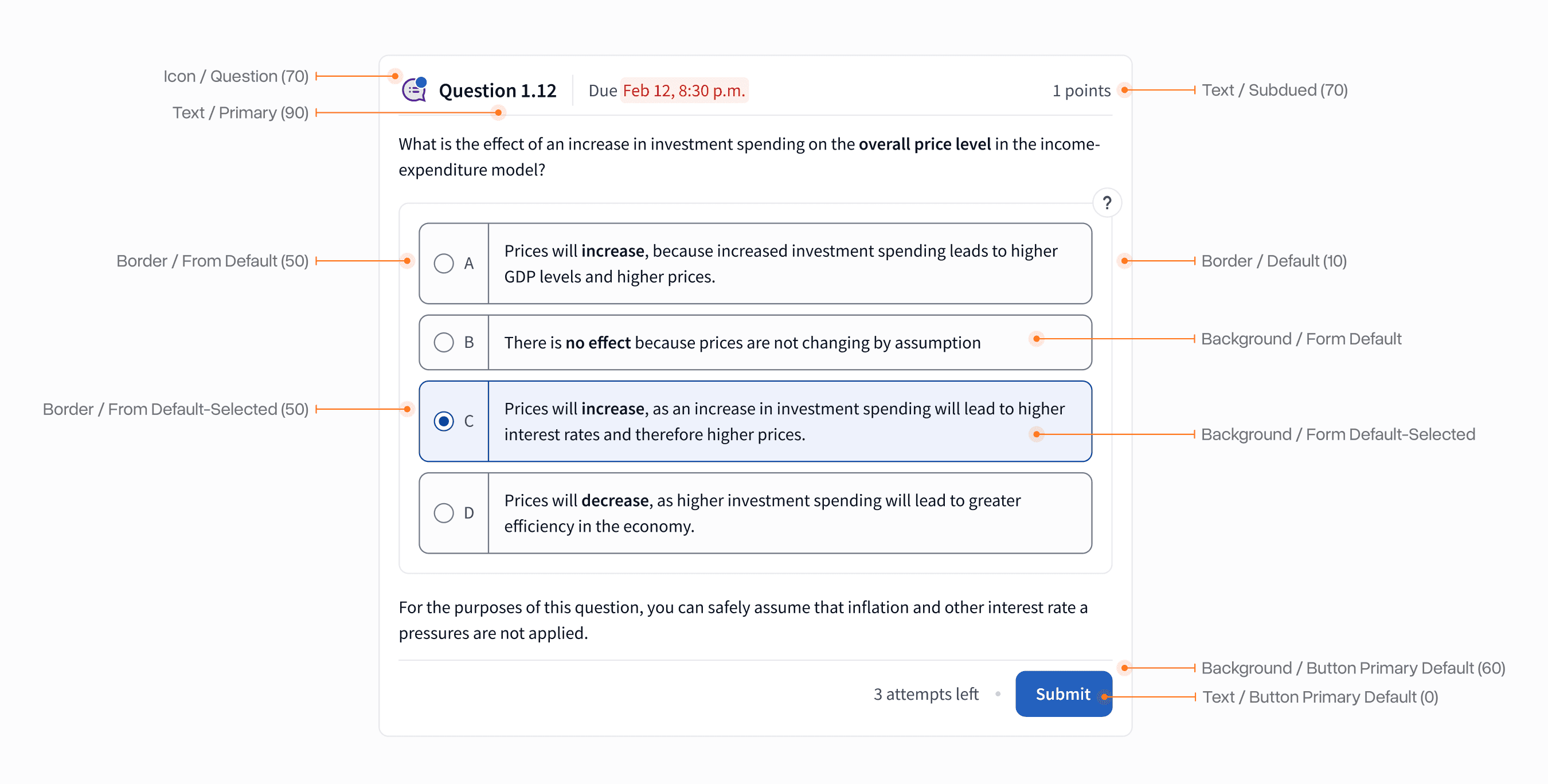 Annotated quiz interface showing semantic color tokens applied across text, icons, borders, backgrounds, and buttons, demonstrating accessible and consistent usage in a real product UI.
