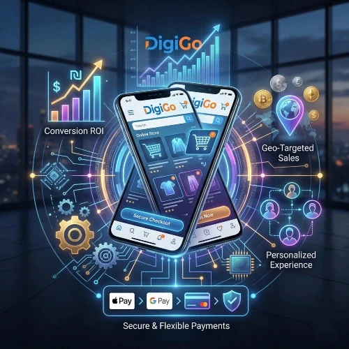 אינפוגרפיקה טכנולוגית ממוקדת איקומרס מבית DigiGo: סמארטפון במרכז עם ממשק חנות יוקרתי, המציג גרפי מכירות עולים (ROI), סמלי תשלום מאובטחים, ורשתות אוטומציה המייצגות ארכיטקטורת מכירות מתקדמת ל-2026.