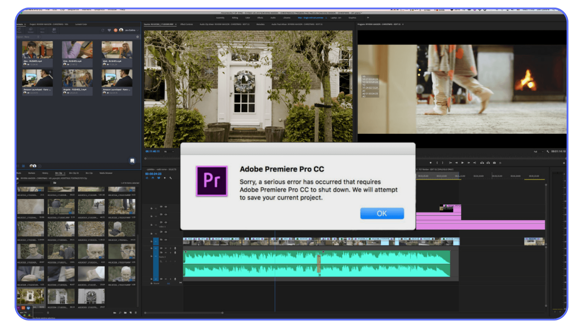 Adobe Premiere Pro error message indicating a serious error occurred and the application must close