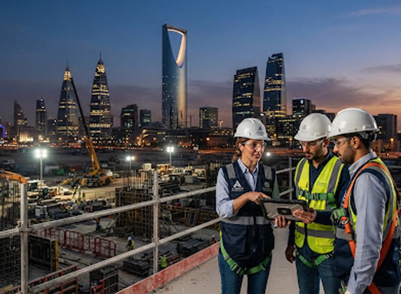Construction team reviewing plans at a Riyadh site at dusk