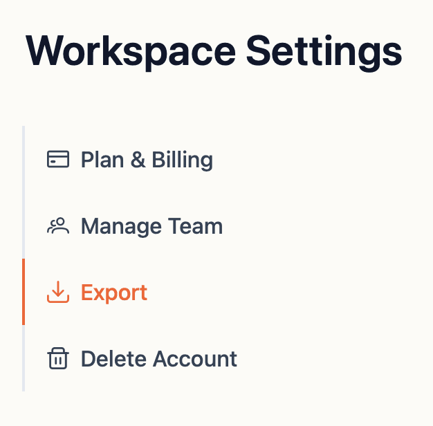 A screenshot of the workspace settings navigation, with the menu item 'Export' highlighted