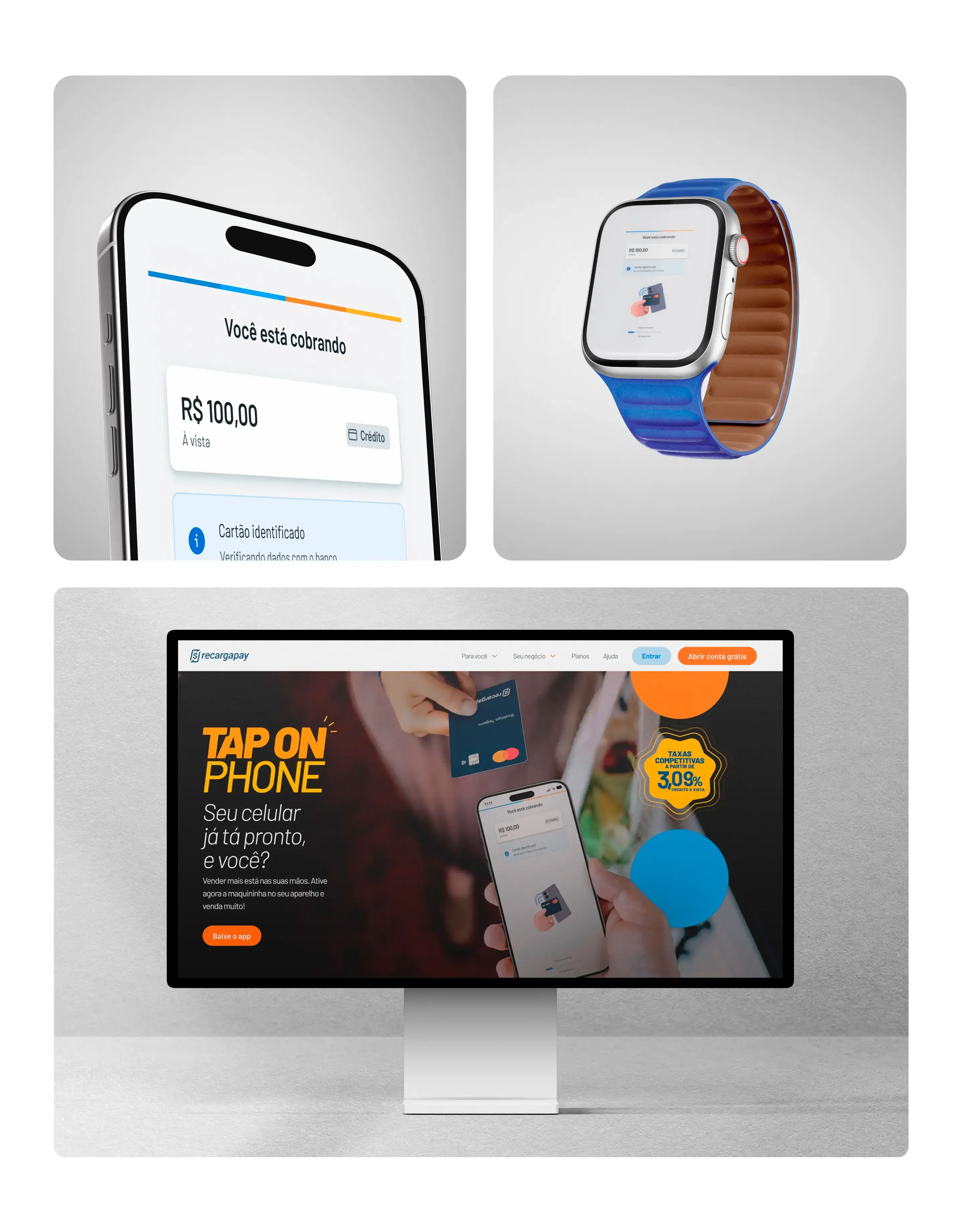 Multi-device UI mockups for RecargaPay's Tap On Phone, showcasing the payment flow across iPhone and Apple Watch with clean, conversion-focused interface design.