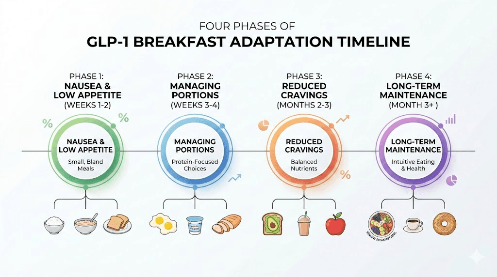 GLP-1 breakfast nutrition timeline showing protein targets by week of treatment