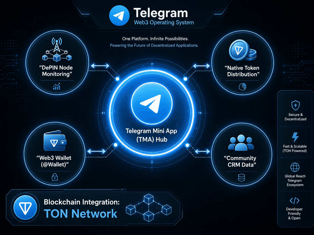 Conceptual diagram showing Telegram Mini Apps integrated with the TON blockchain for DePIN monitoring, wallets, and CRM data management.