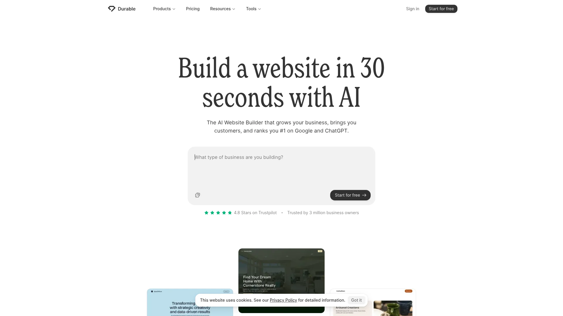 Durable AI website builder free plan generation page
