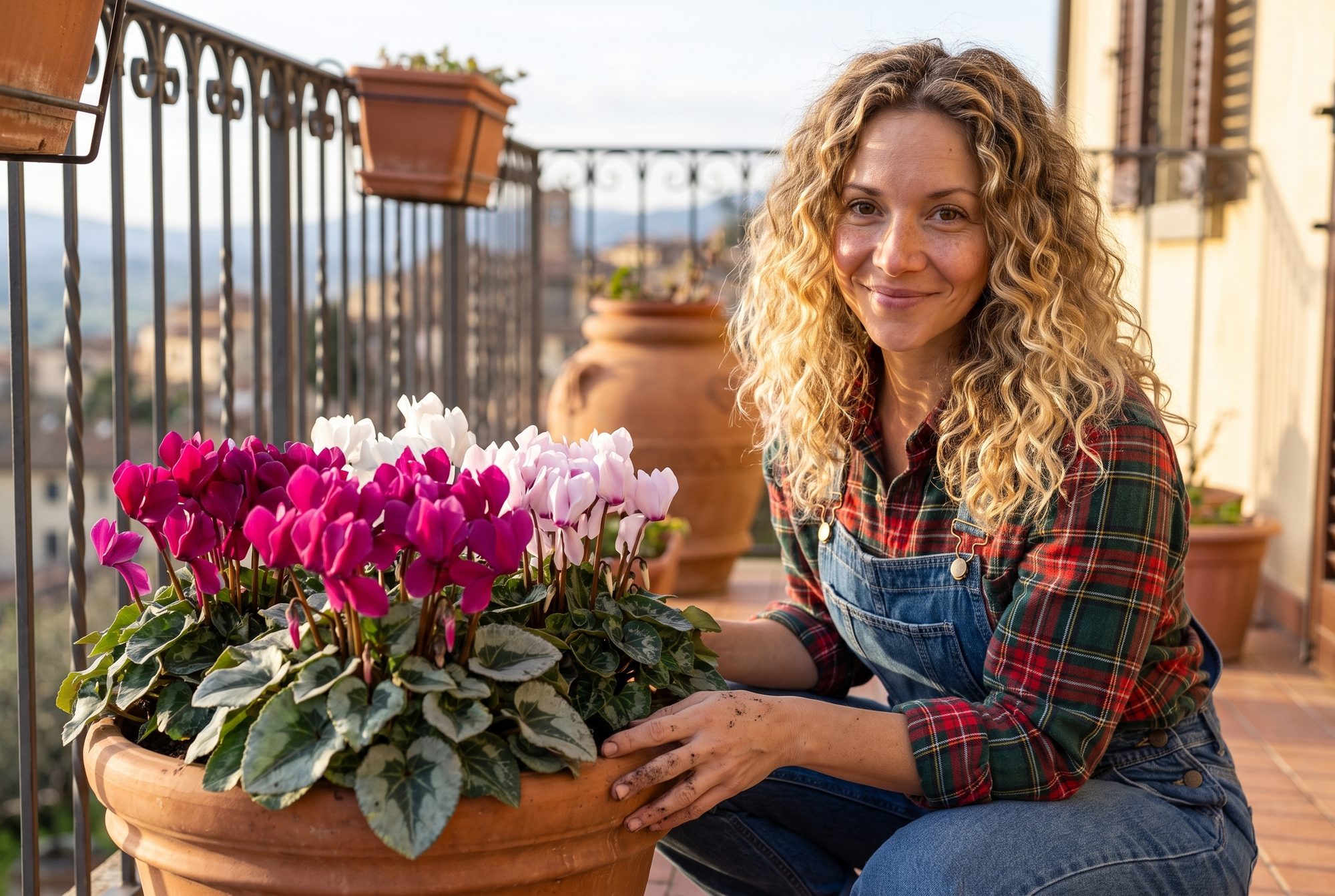 Martina sul balcone accanto a un grande vaso di ciclamini fucsia e bianchi in fiore