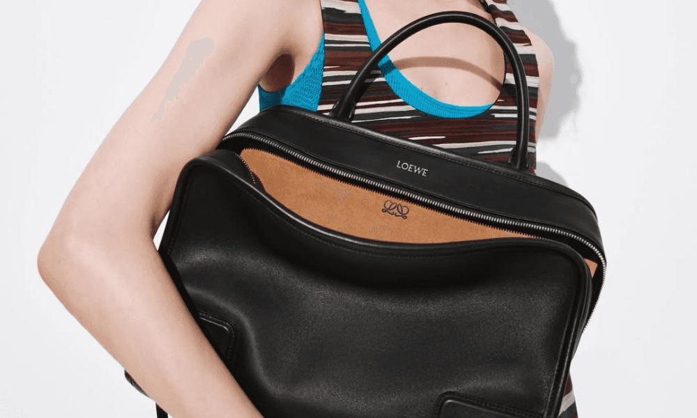 Loewe Amazona bag showcasing the new logo anagram, illustrating how the updated mark appears subtly on leather goods