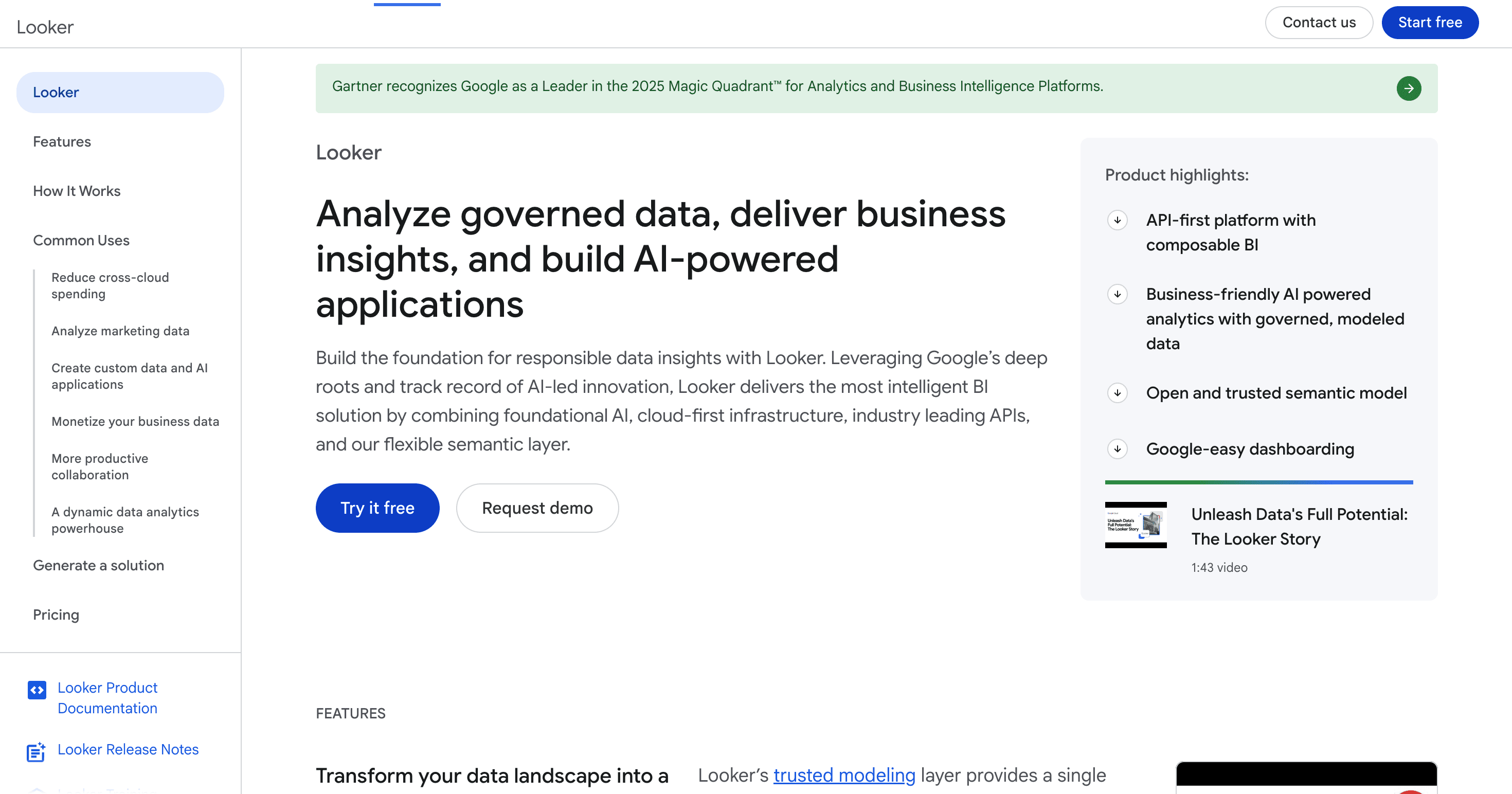 Google Looker analytics platform homepage highlighting governed data analysis, AI-powered business insights, semantic modeling, and composable BI features.