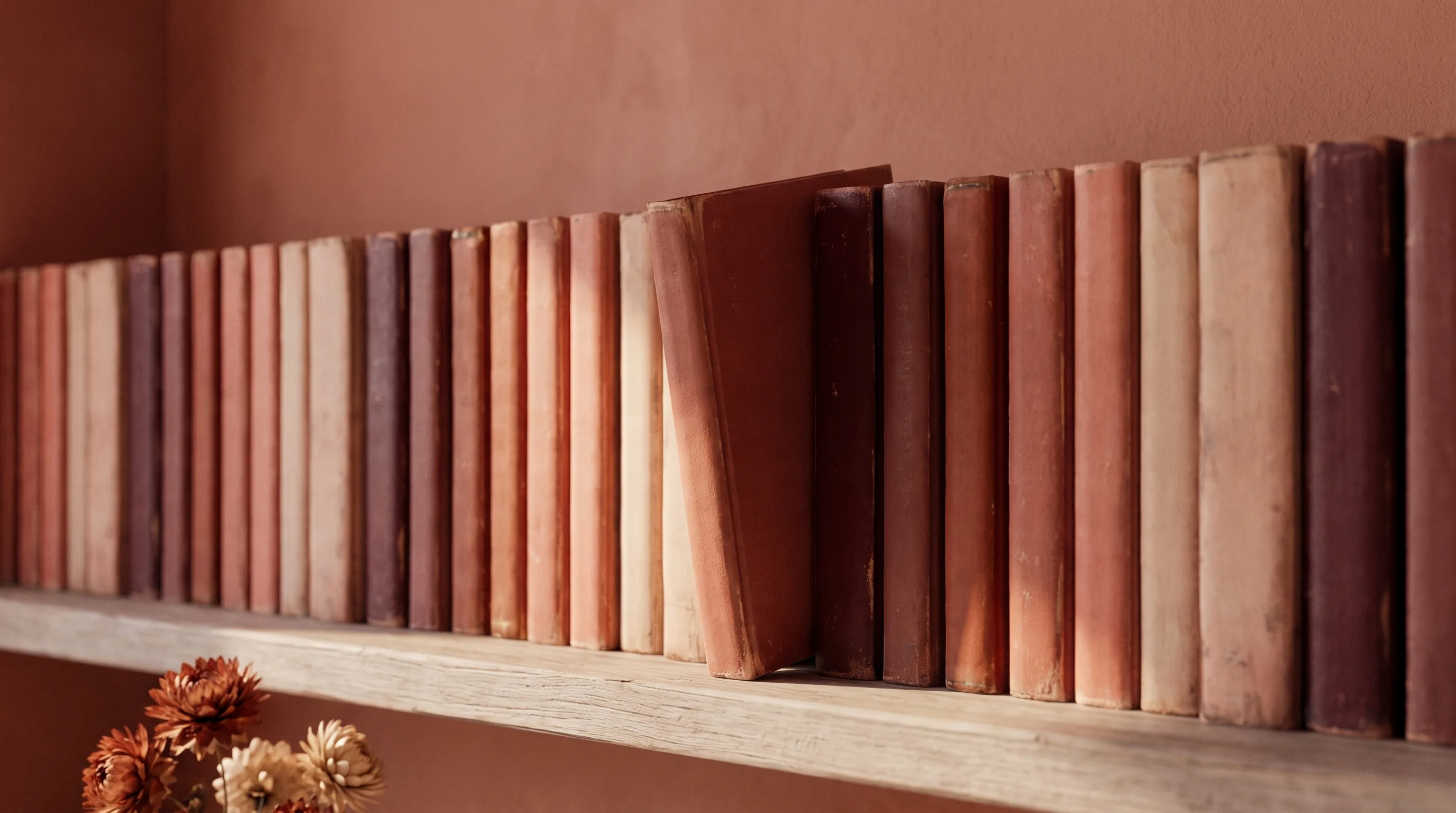 A long row of bound ledgers on a wooden shelf, one pulled slightly forward