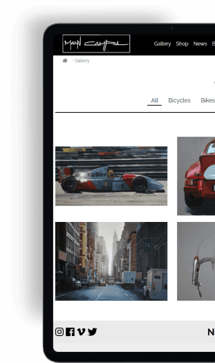 Detailed web interface of MANU CAMPA showcasing artist's portfolio with global exhibitions and brand collaborations.