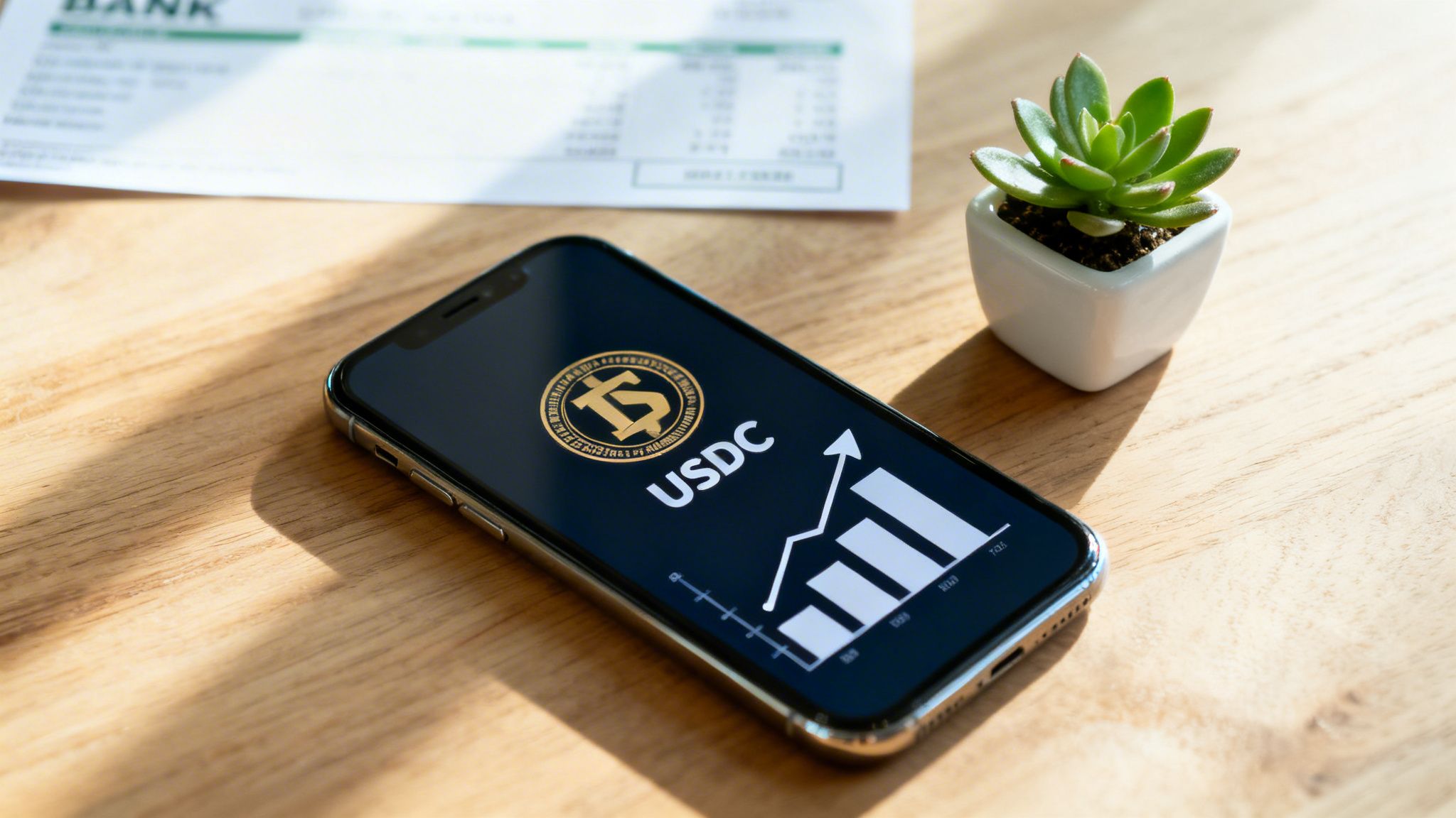 Smartphone displaying USDC crypto growth chart on a wooden desk with a succulent plant.