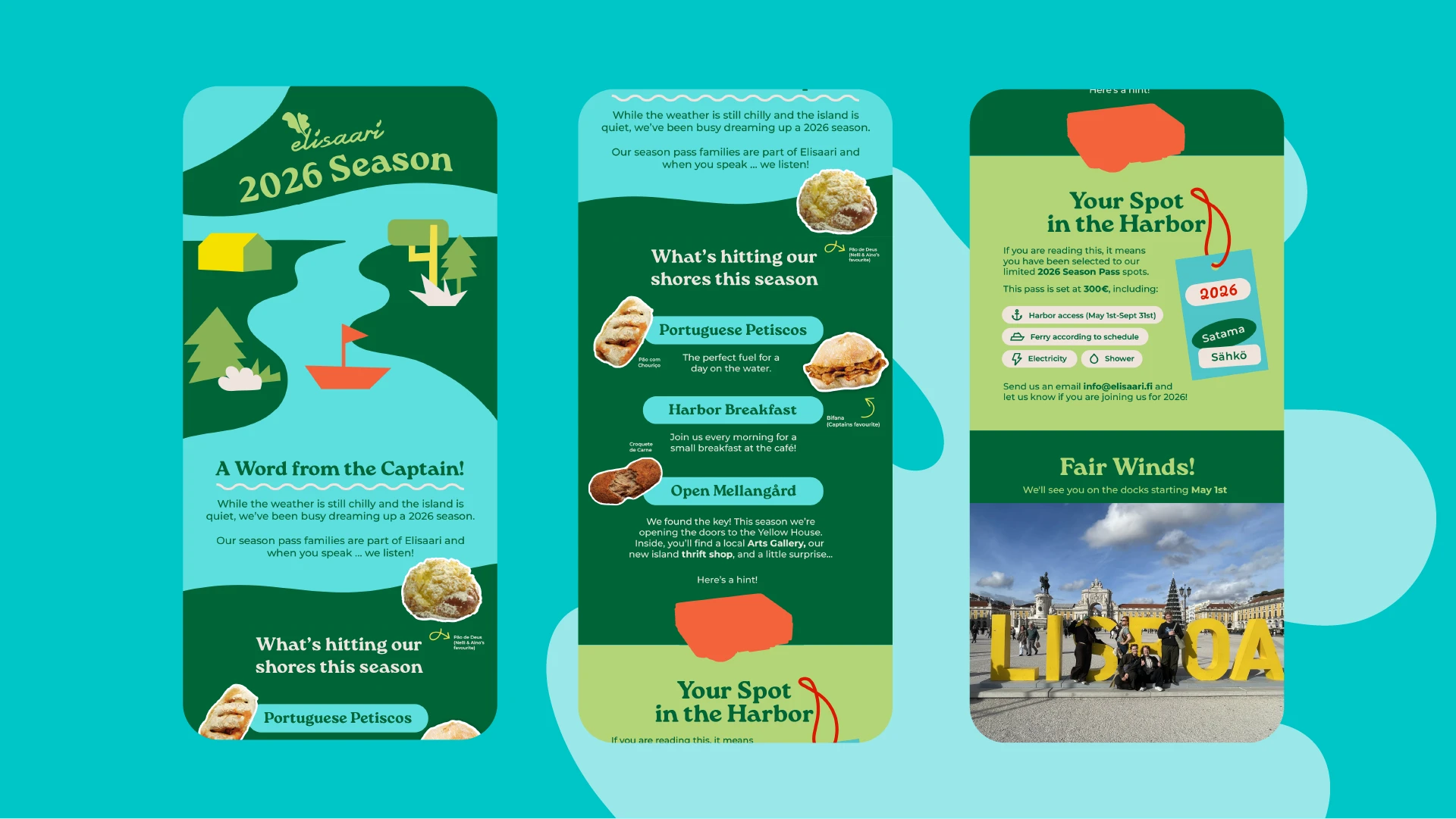 A mobile-responsive newsletter design featuring a "Word from the Captain," local Portuguese food highlights, and 2026 season pass registration details.