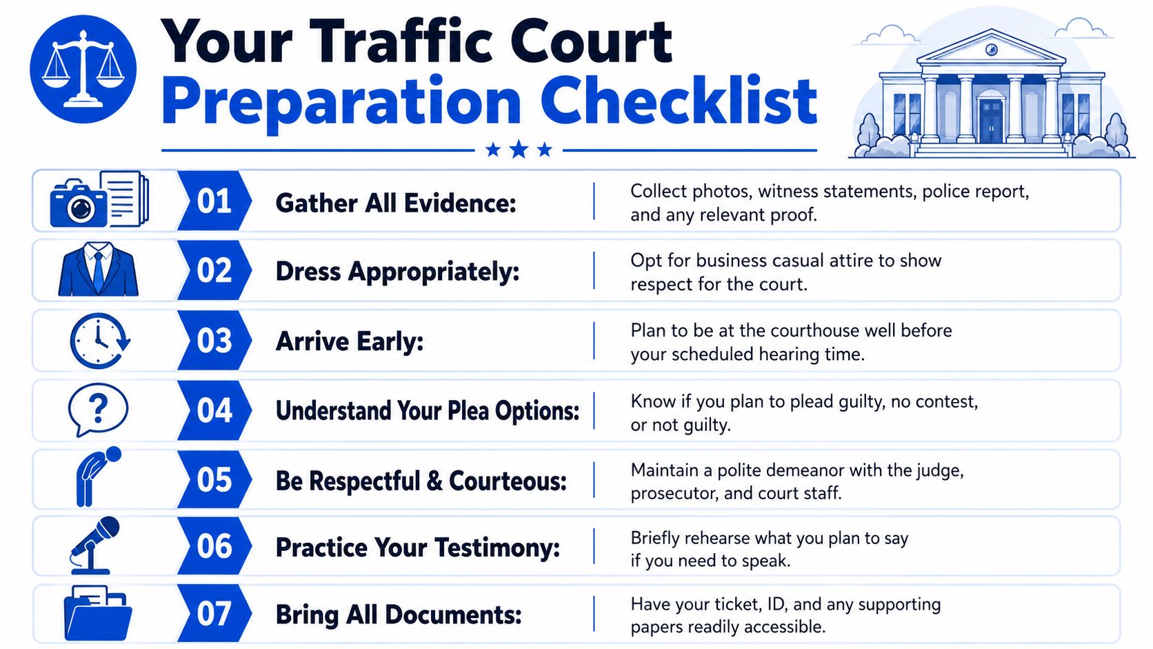 A checklist showing seven essential steps to prepare for a traffic ticket court appearance.