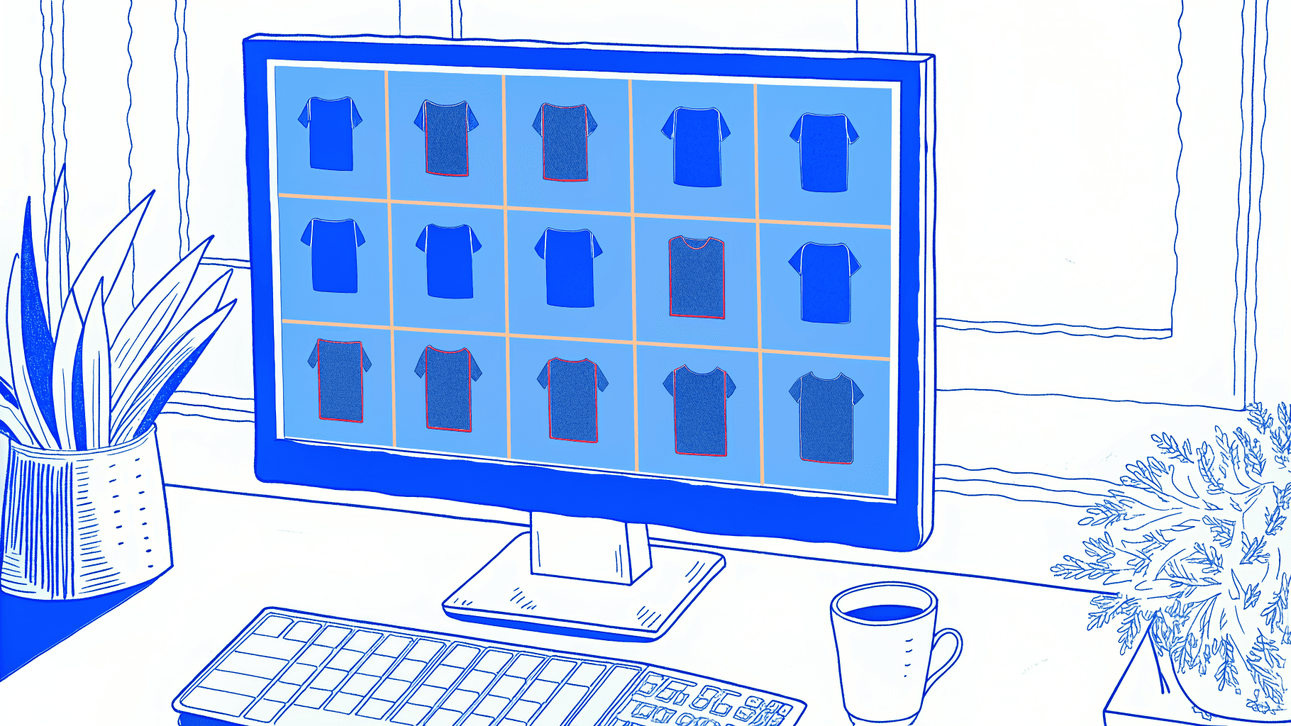 Small business owner's desk with comparison monitor highlighting one clear all-inclusive custom shirt price