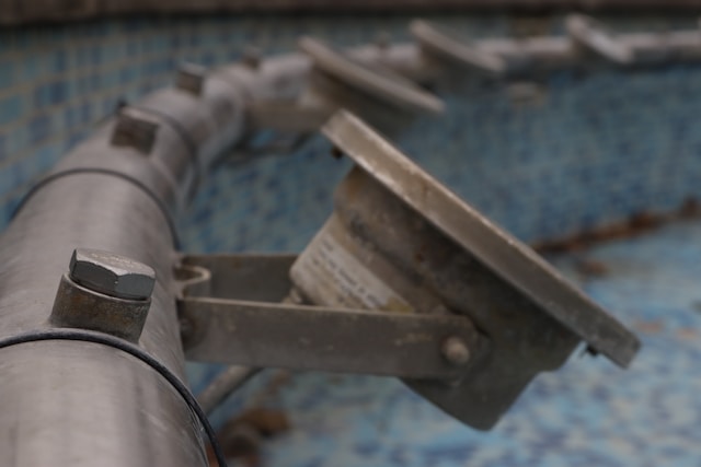 Close-up of pool equipment for inspection