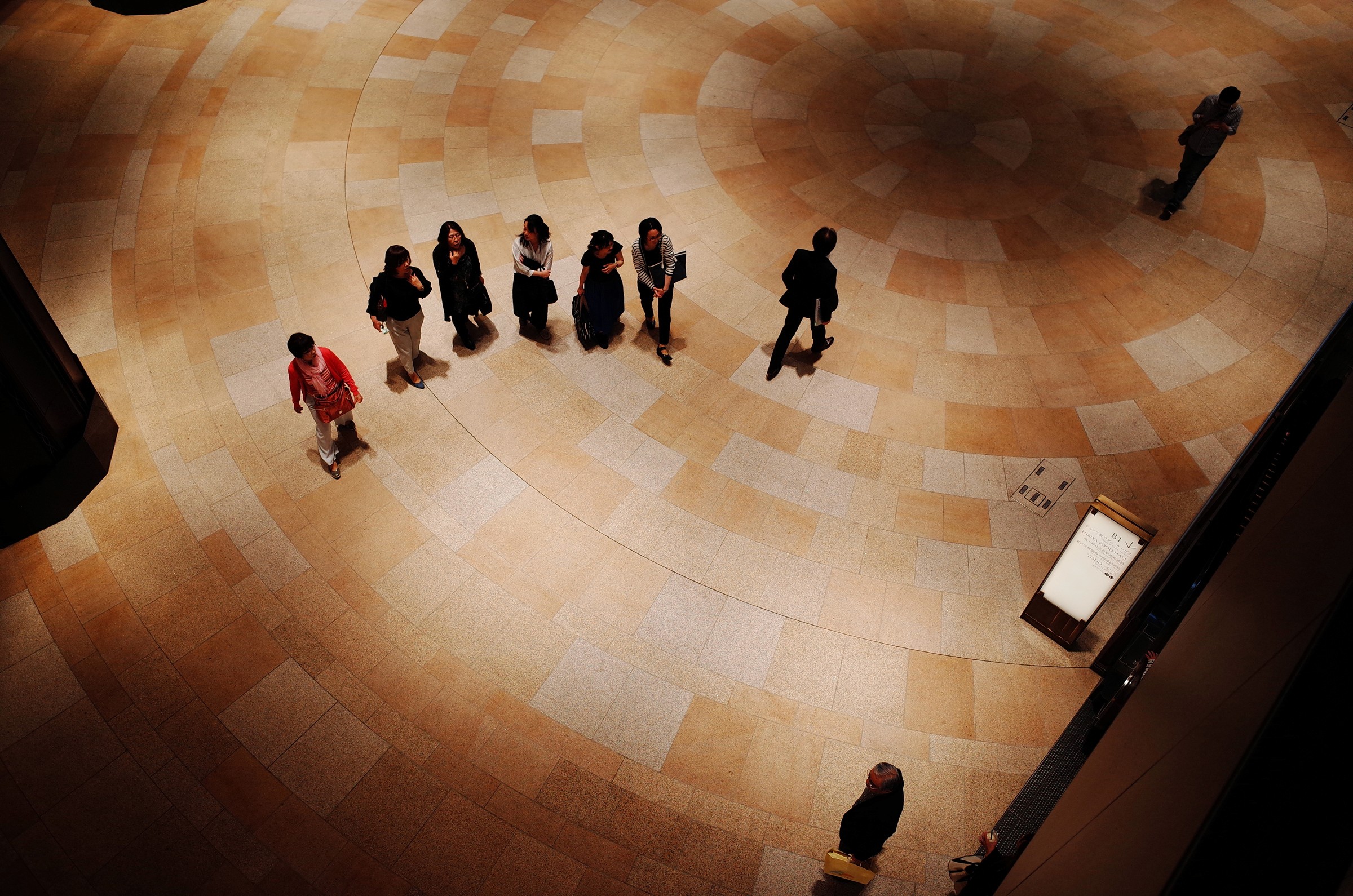 Photographie en plongée d'un groupe de personnes alignées dans un hal d'accueil d'un grand centre commercial à Tokyo