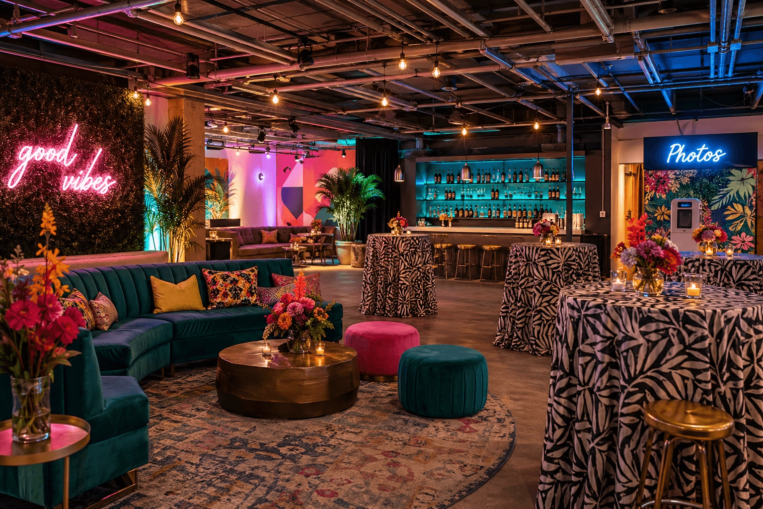 時尚私人派對場地佈置，配備霓虹燈裝飾、絲絨家具及精緻花藝，適合舉辦生日慶祝、入伙派對及商務VIP聚會。