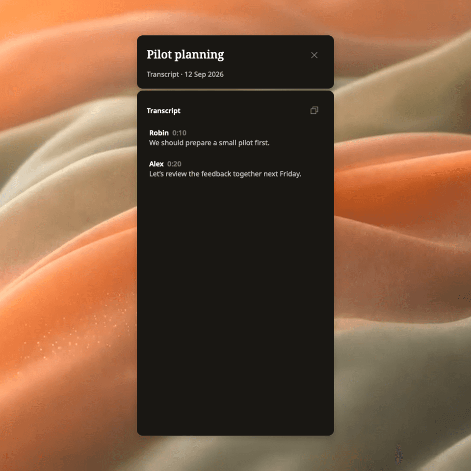 Weeve's transcript source reader showing a demonstration recording with separate speaker labels and timestamps