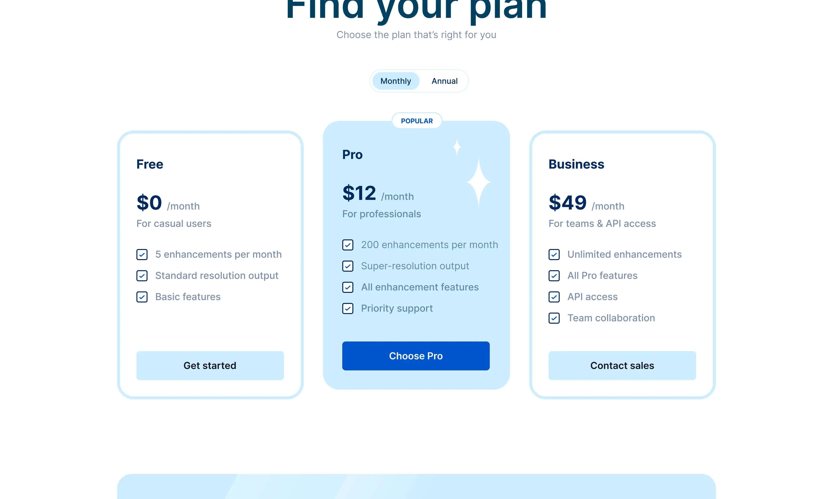 Elevate App pricing plans for Free, Pro and Business image enhancement tiers.