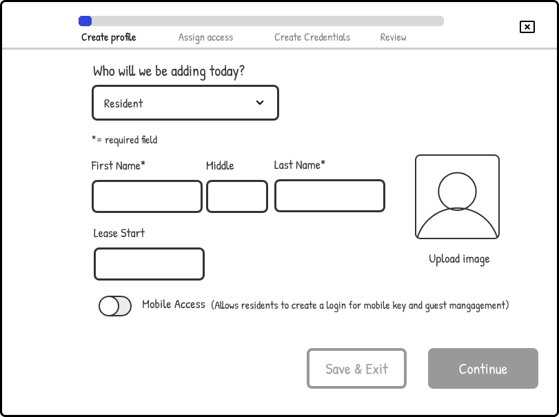 wireframe of adding a resident