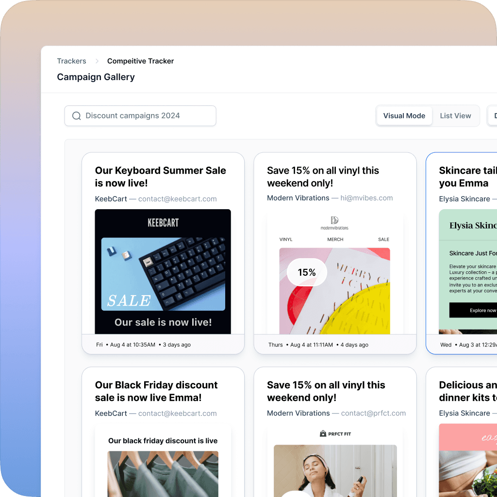 Competitive tracker displaying competitor email layouts for campaigns like summer sales, Black Friday, and tailored skincare offers.