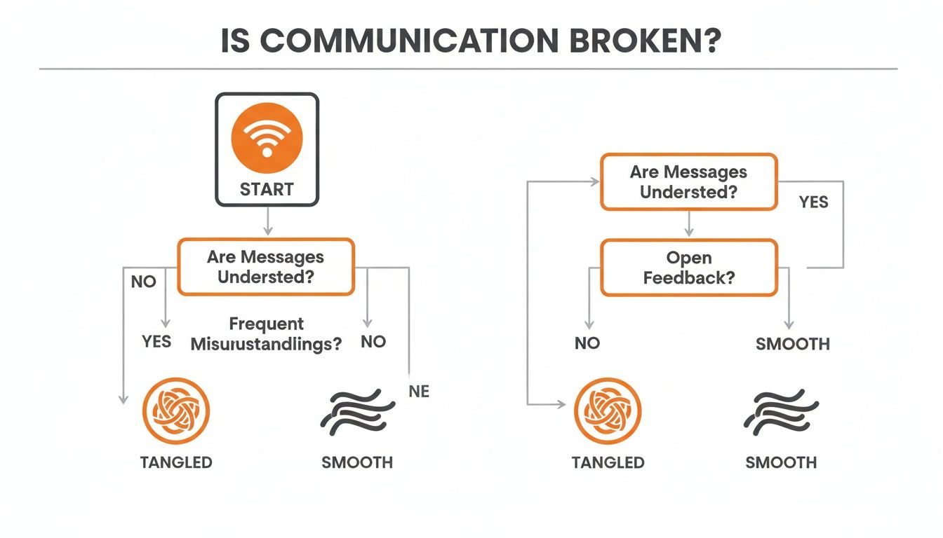 A flowchart diagnosing communication breakdown, assessing message understanding and feedback mechanisms.