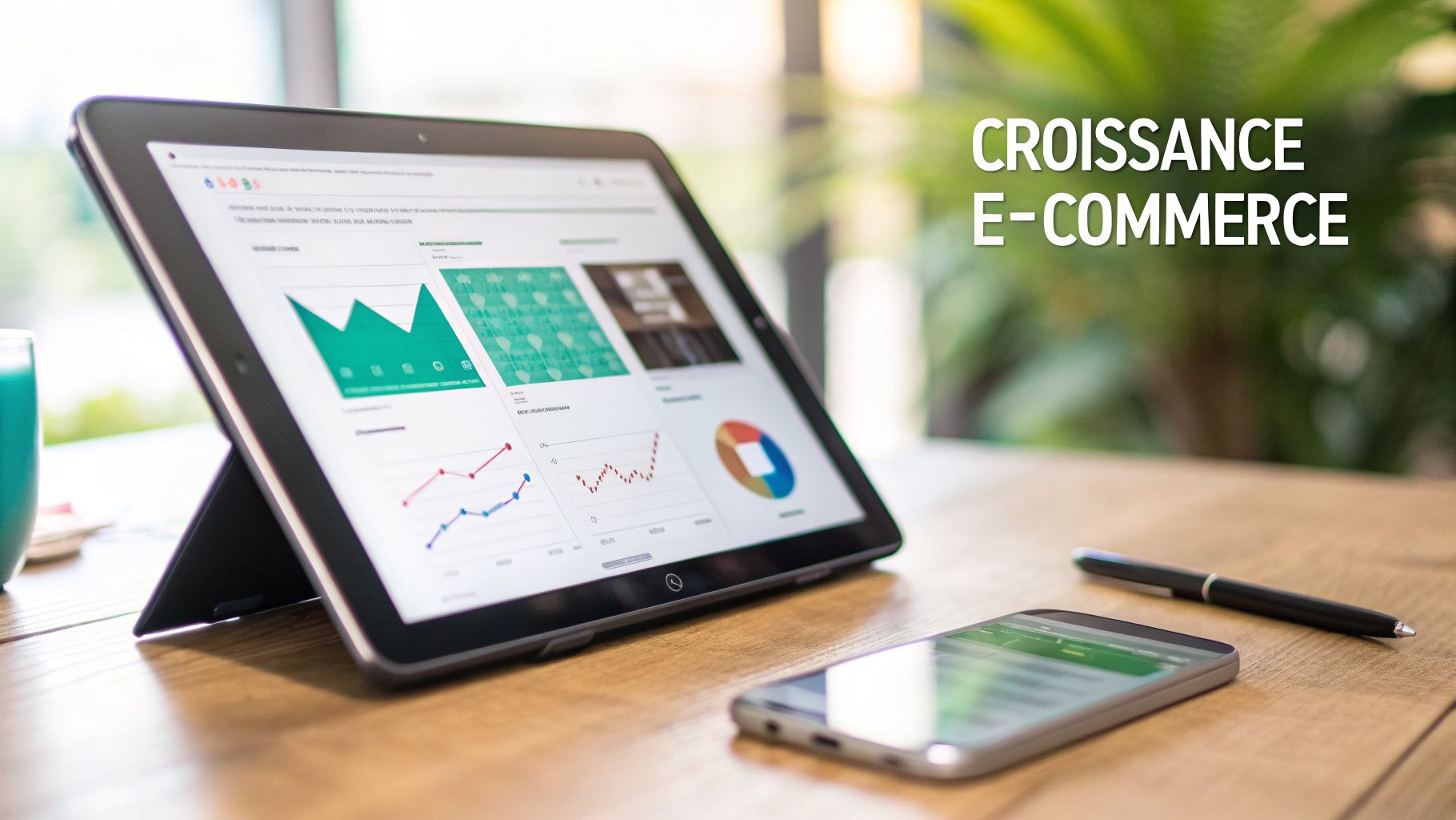 Tablette affichant des graphiques de croissance e-commerce sur un bureau en bois avec un smartphone et un stylo.