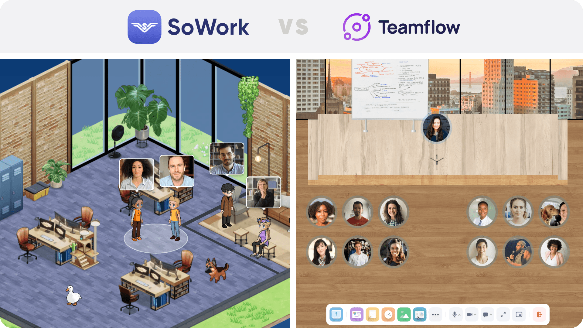 Side-by-side visual comparison of SoWork’s immersive 2.5D virtual office environment with avatars and pets versus Teamflow’s top-down spatial video chat layout.