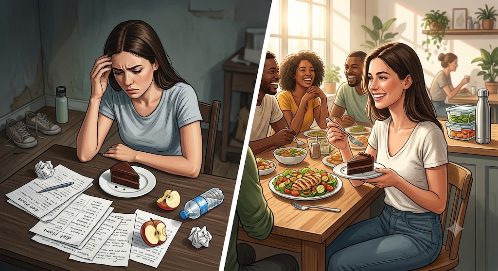 A split illustration contrasting a stressed woman holding her head with diet plans and crumpled paper versus a happy woman eating a piece of cake with friends. This image visually represents the psychological benefits of flexible dieting over restrictive eating, featuring subtle fitness elements like running shoes and a water bottle in the background.