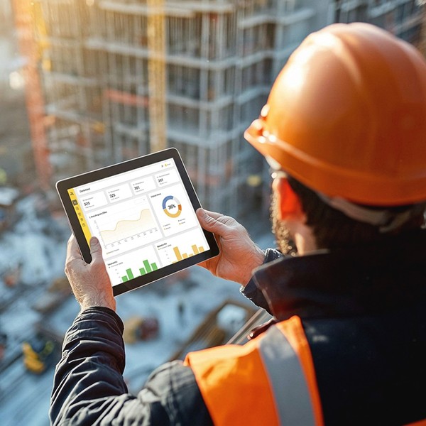 Contractor looking over a construction site with the Builtric app open on his tablet