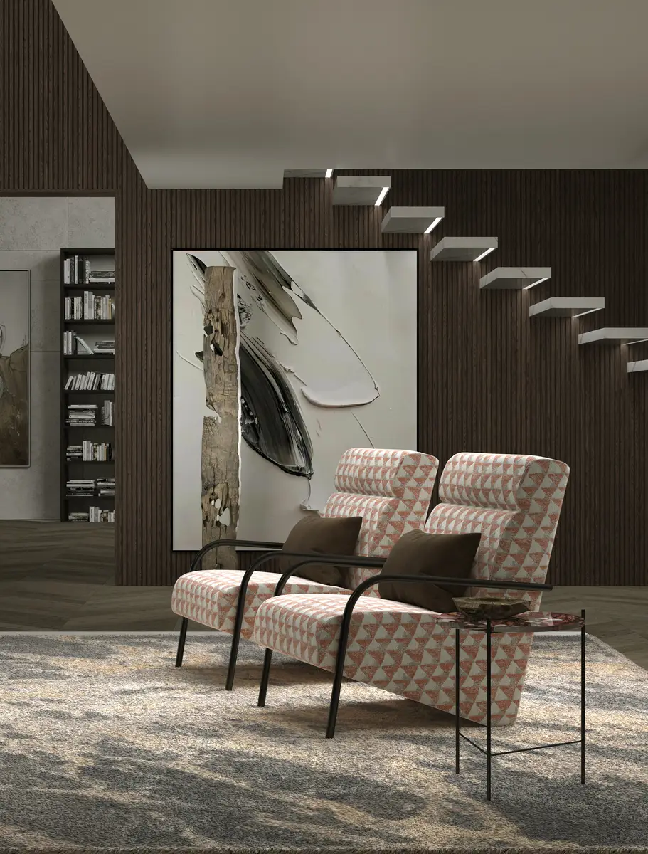 Pair of exclusive italian luxury contemporary armchairs with patterned fabric and black metal legs, ideal for modern luxury furniture interiors.