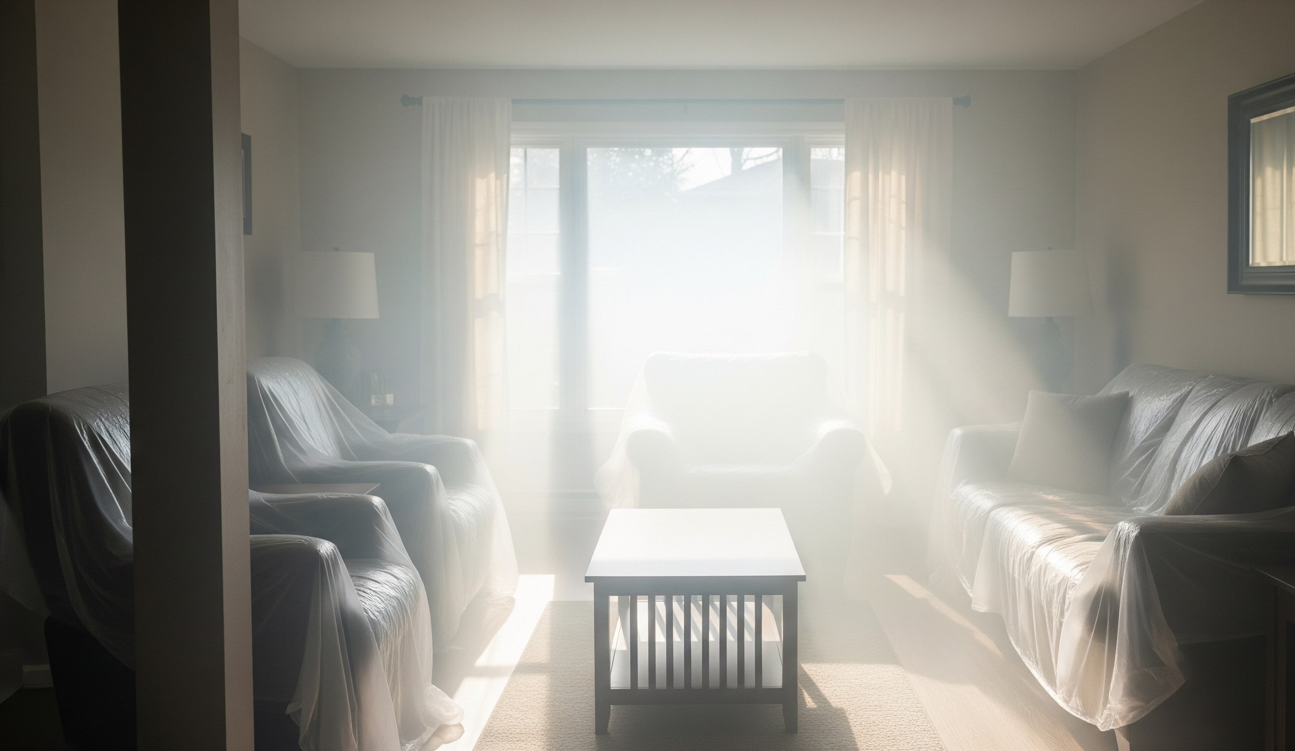Thermal fogging treatment for smoke odor in a fire-damaged living room