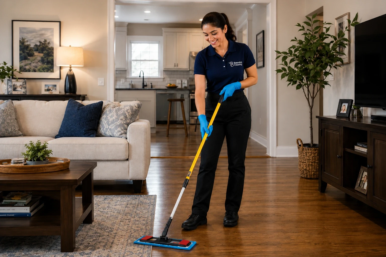 A smiling professional maid with Brenda's Cleaning service mopping rich hardwood flooring with a yellow microfiber flat mop. She is wearing a company-branded navy blue uniform polo shirt, black work pants, black slip-resistant shoes, and blue protective safety gloves. The scene illustrates residential hard floor maintenance, professional housekeeping, and comprehensive home cleaning services within a spacious, open-concept living room featuring a couch, area rug, and a kitchen visible in the background.