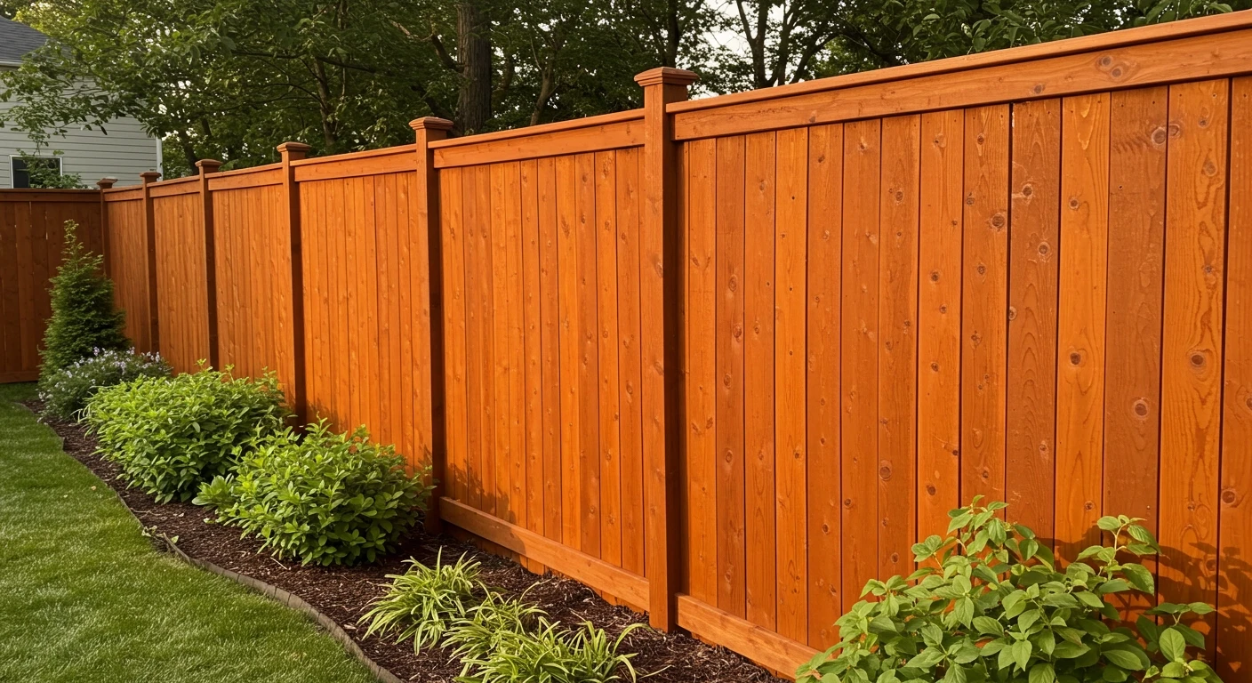 A freshly painted cedar fence in warm, rich brown stain with perfectly straight lines against vibrant green landscaping, early evening sunlight casting gentle shadows