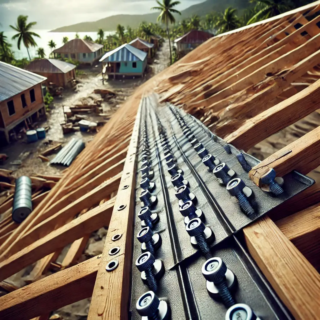 Une image réaliste d'un toit en construction dans les Caraïbes françaises (Guadeloupe ou Martinique)