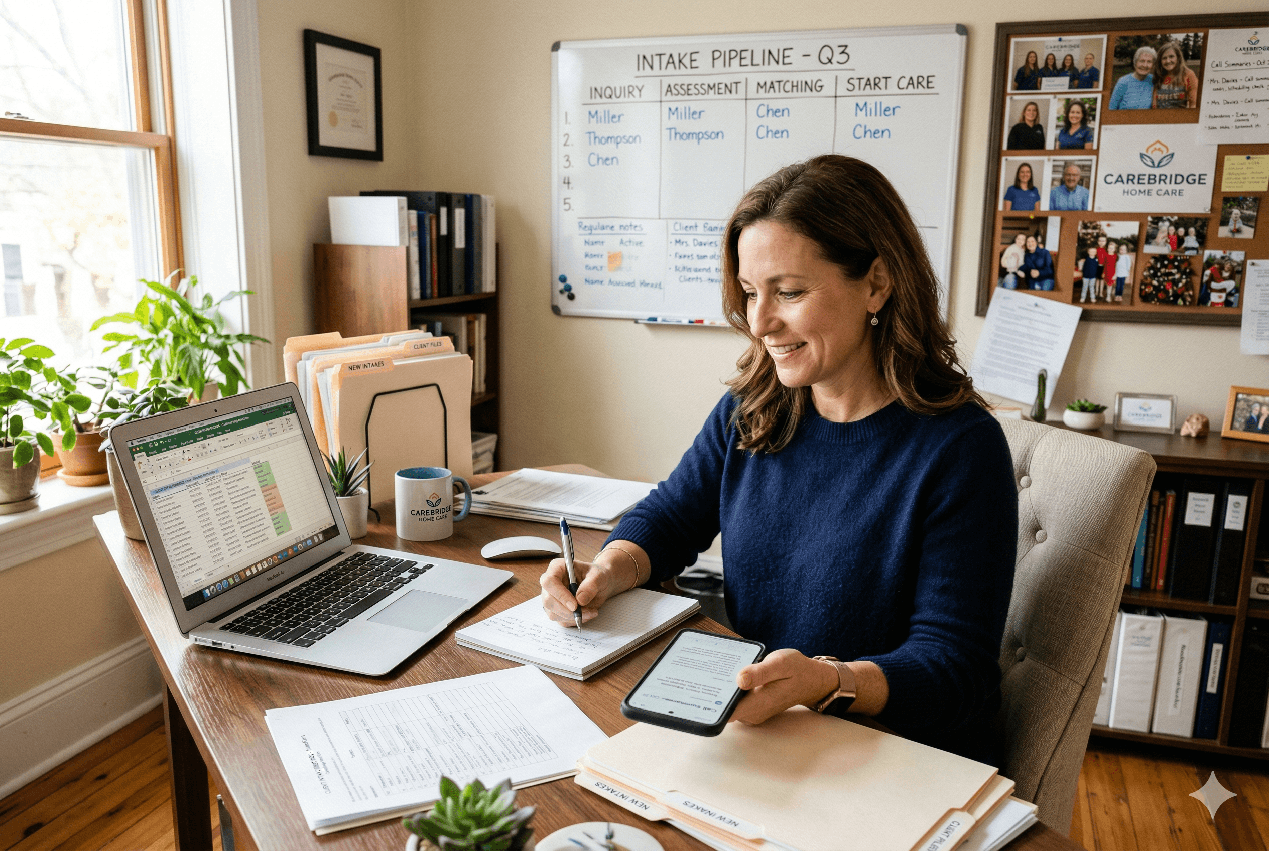 A small home care agency office where a compassionate agency owner reviews organized client intake records and call summaries on a laptop and smartphone, with a wall whiteboard showing an intake pipeline and family photos in the background, warm natural light, realistic candid style. Shot on Fujifilm X T4, aspect ratio 3:2
