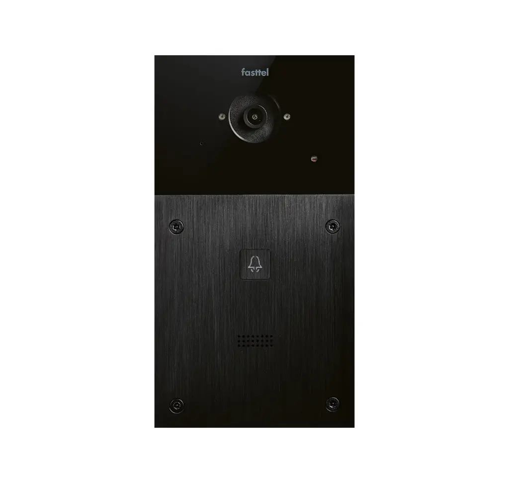 Black smart home device with screen showing time and temp