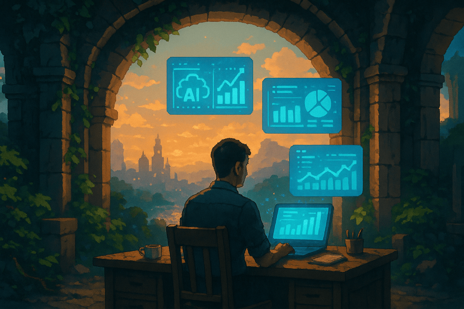 A digital illustration split into two scenes showing the evolving role of a manager. On the left, a stressed manager sits hunched over a cluttered desk, surrounded by paperwork, notifications, calendars, and reports—symbolizing outdated, admin-heavy responsibilities. The space is dim and chaotic. On the right, the same person stands confidently in a clean, futuristic workspace illuminated by soft blue light. Around them float glowing AI elements—dashboards, neural lines, and a system blueprint—highlighting their new role as a designer of workflows and team culture. Above them, symbols of leadership, trust, and support appear. The background transitions from gray noise to calming clarity, emphasizing the shift from micromanagement to empowered mentorship.