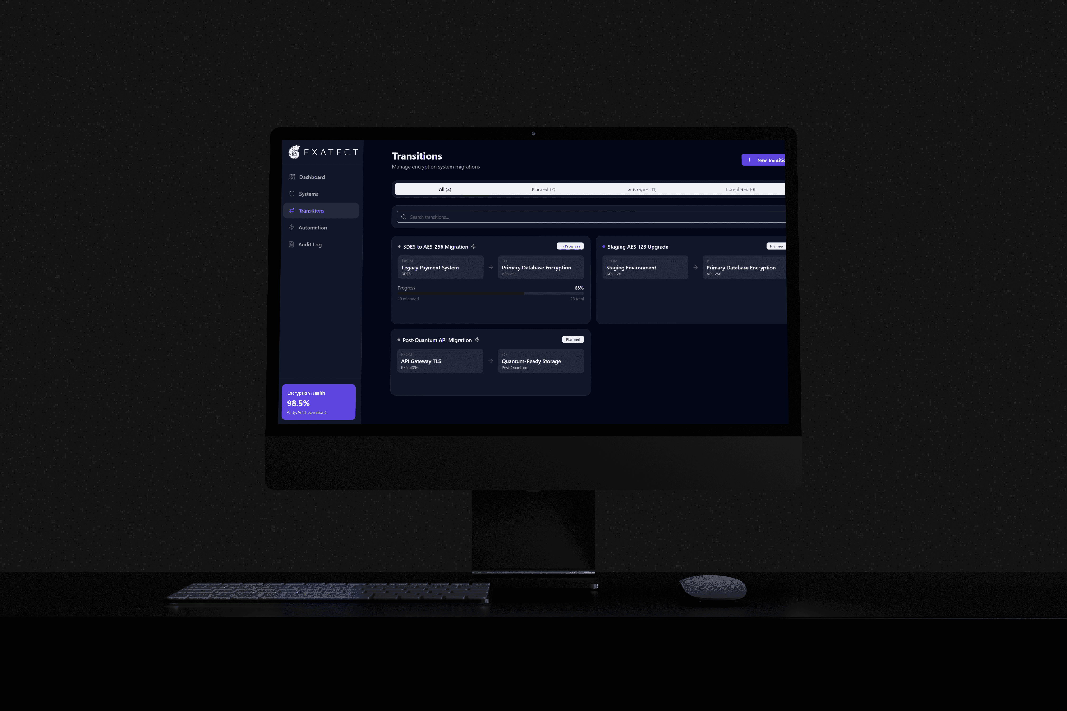 Man in a white shirt focused on a desktop computer displaying charts and data in a softly lit workspace.